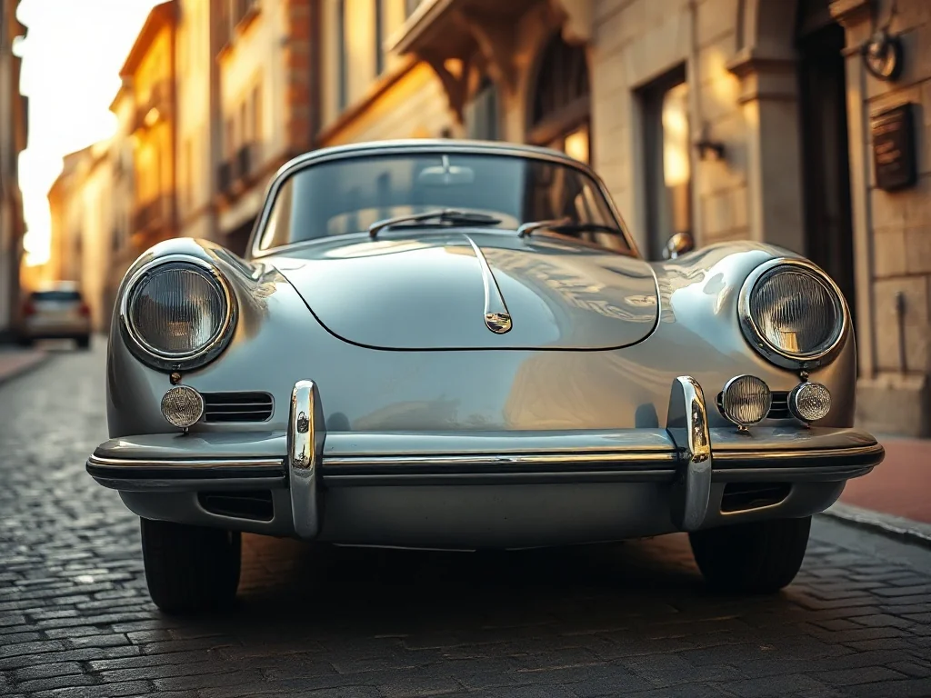 Klasyczne srebrne Porsche 356 na brukowanej ulicy w ciepłym świetle, podkreślające pierwsze auto marki Porsche.