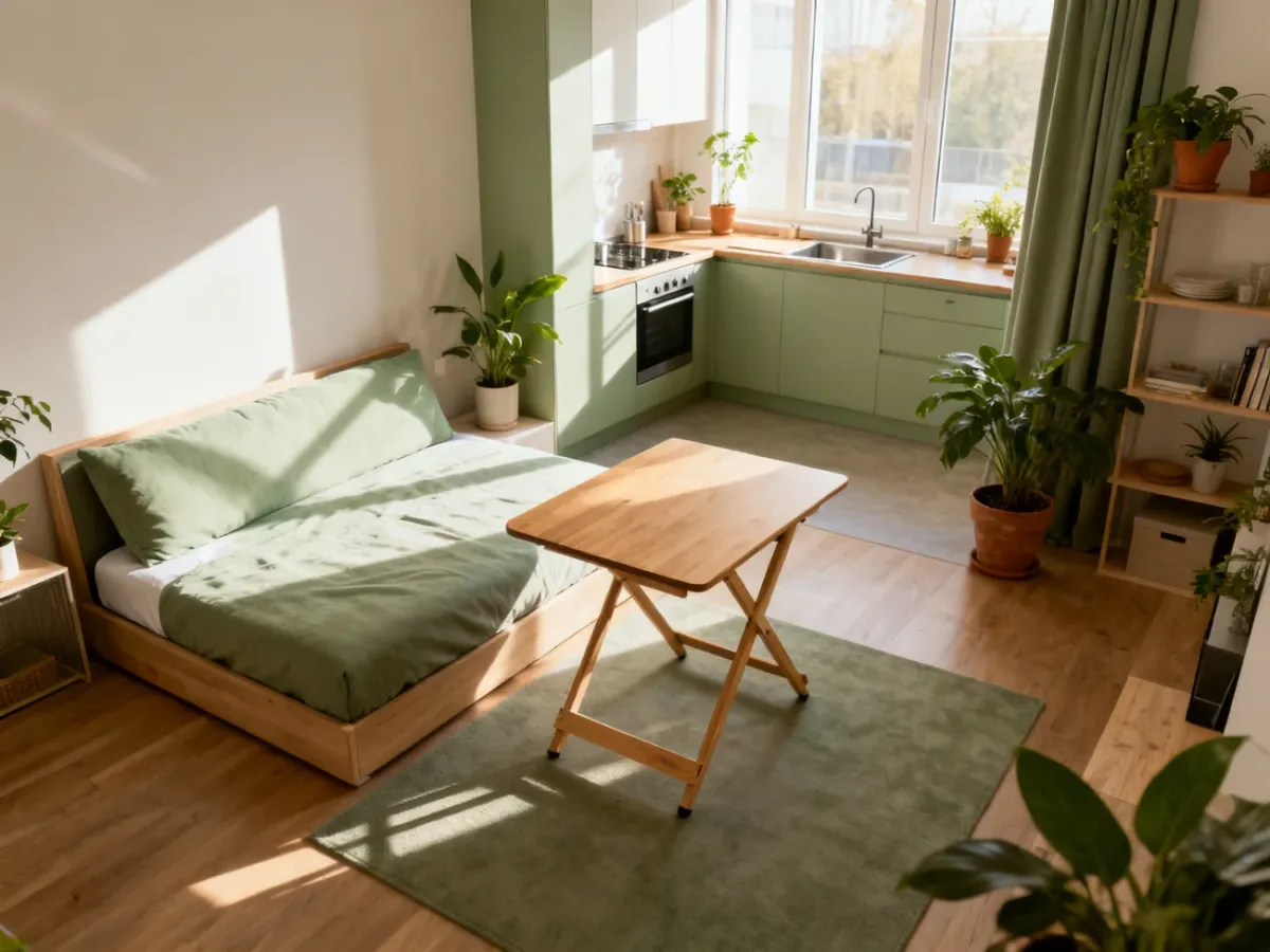 Nowoczesne studio z wielofunkcyjnymi meblami, jasną kuchnią i przytulnymi dodatkami, idealnie wykorzystujące małą przestrzeń.