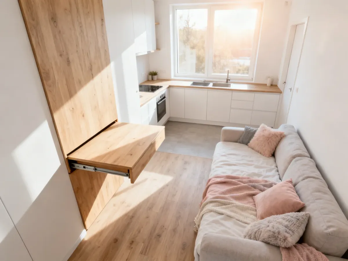 Jasne i funkcjonalne wnętrze kawalerki o powierzchni 25 m² z rozkładanym biurkiem, sofą oraz minimalistycznym aneksem kuchennym.