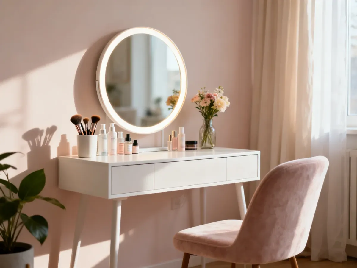 Przytulny kącik beauty z białą toaletką, podświetlanym lustrem, kosmetykami i miękkim krzesłem w minimalistycznym mieszkaniu, no text on the picture